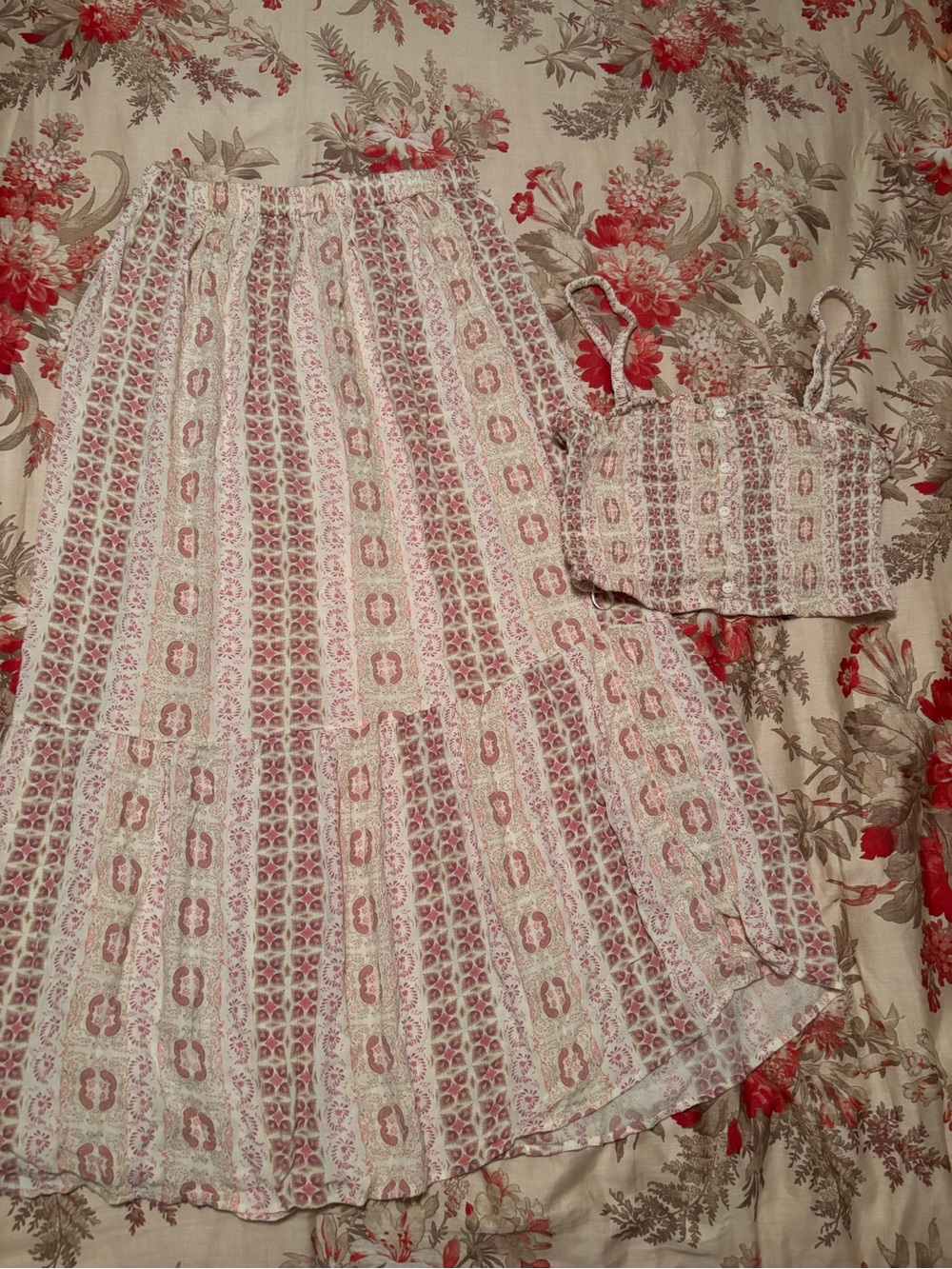 Pink Rose Pink and Cream Floral Crop Top & Skirt Set